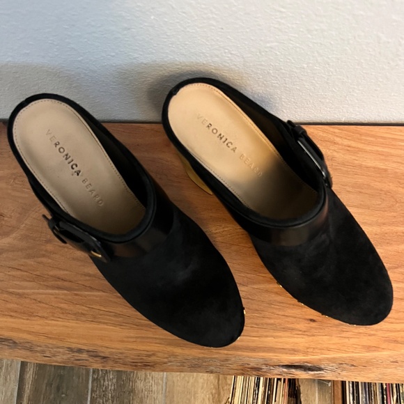 Veronica Beard Black Suede Mules with Tan Wooden Heels - Picture 3 of 8